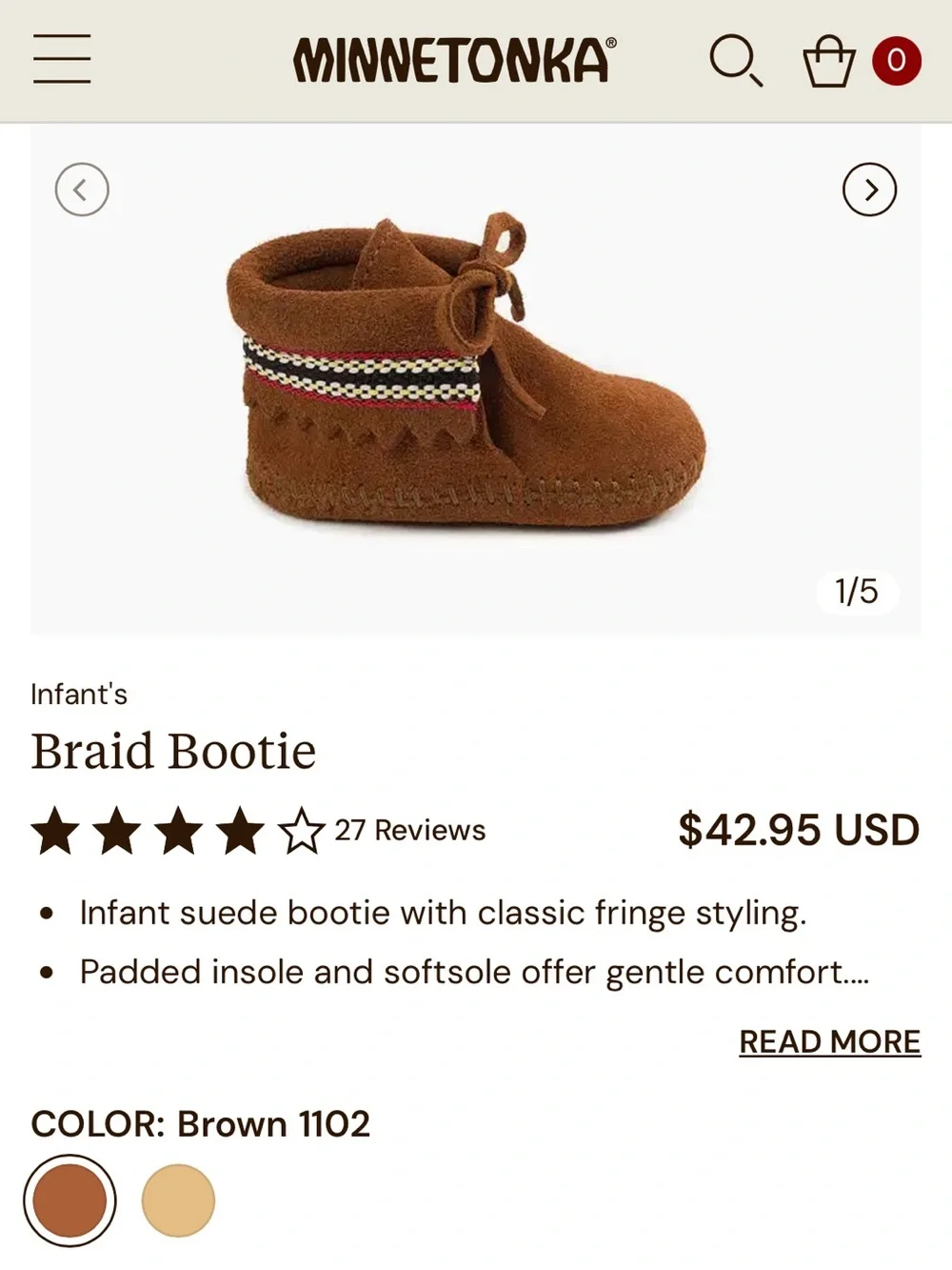 Minnetonka Brown Suede Kids Moccasins with Colorful Trim